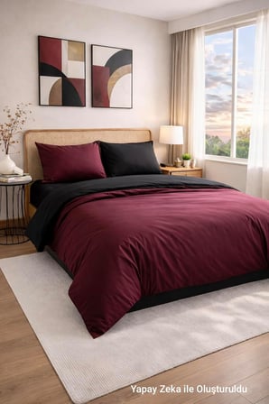 Çift Kişilik Nevresim Takımı (Lastikli Çarşaf+Yastık Kılıfı+Yorgan Kılıfı) Çift Yönlü Pamuk-Polyester 90x190 100x200 120x200 160x200 180x200 200x200 (Bordo-Siyah, 90x190)