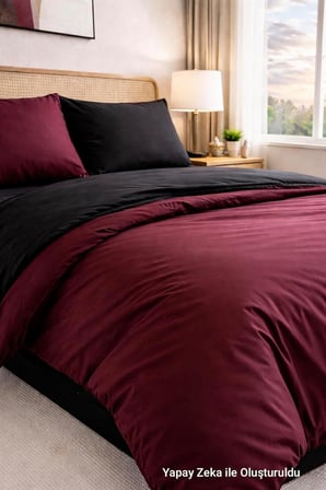 Çift Kişilik Nevresim Takımı (Lastikli Çarşaf+Yastık Kılıfı+Yorgan Kılıfı) Çift Yönlü Pamuk-Polyester 90x190 100x200 120x200 160x200 180x200 200x200 (Bordo-Siyah, 90x190)