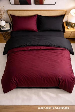 Çift Kişilik Nevresim Takımı (Lastikli Çarşaf+Yastık Kılıfı+Yorgan Kılıfı) Çift Yönlü Pamuk-Polyester 90x190 100x200 120x200 160x200 180x200 200x200 (Bordo-Siyah, 90x190)