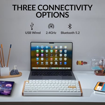 Manyetik Switch 2.4 GHz Kablosuz İngilizce Ahşap Kenarlı Beyaz Klavye