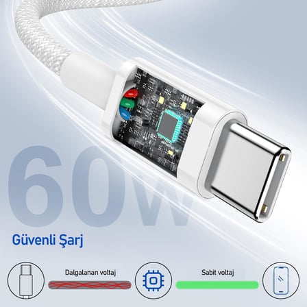 60W 1.2M Data Ve Şarj Kablosu, Bükülmeye Dayanıklı, Hızlı Şarj, Type-C To Type-C