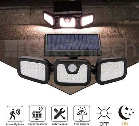 Solar Duvar Lambası Hareket Sensörlü 74 SMD LED, Siyah, GT-SL07