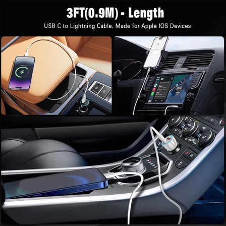 Kablosu, Apple Carplay Kablosu 3FT Araç iPhone Şarj Cihazı iPhone 14 13 12 11 Pro Max XR XS X 8 Plus için Hızlı Şarj Kablosu, Araç Şarj Kablosu