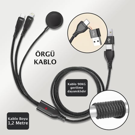 Kablosuz Şarj Aleti Örgü Kablo 5in1 USB PD Type C 100W Şarj