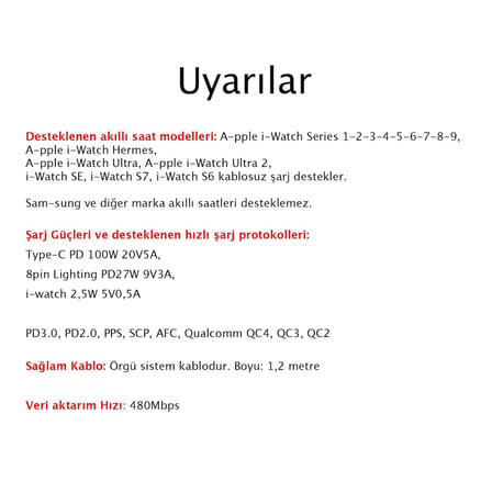 Kablosuz Şarj Aleti Örgü Kablo 5in1 USB PD Type C 100W Şarj
