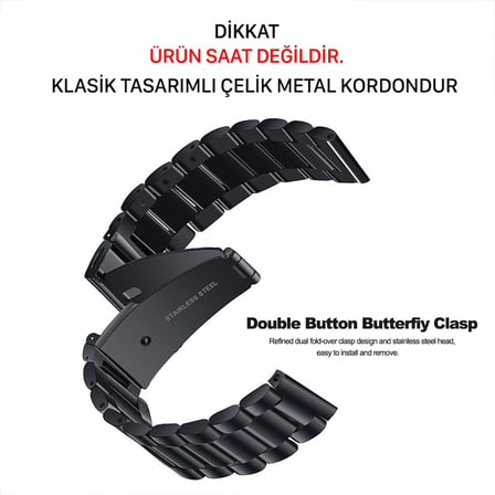 Huawei Watch Gt6/Gt5/Gt4/Gt3/Gt2 46mm Pro/Se/Elite ile Uyumlu Kordon Çelik Metal 22mm SİYAH
