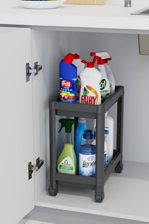 Life 2 Adet 2 Katlı Tekerlekli Tezgah Altı Siyah Banyo Mutfak Rafı MIT1122