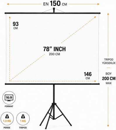 Boy95cm Tripodlu Projeksiyon Perdesi White Blackout Taşınabilir Akıllı Kumaş Işık Geçirmez