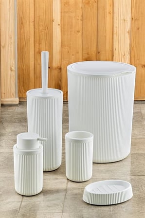 5 Parça Lüx Plastik Banyo Seti 7 Litre Dokunmatik Çöp Kovalı, Antibakteriyel Fırça (Siyah-Gri) (BEYAZ)