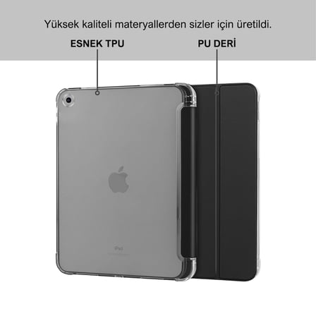 Apple iPad 10.2 inç (2019/2020/2021) Modellerinin Tümüyle Uyumlu Uyku Modlu, Apple Pencil Kalemlikli, Trifold, Esnek, Mat, Darbeye Tam Dayanıklı Smart Tablet Kılıfı (Siyah)