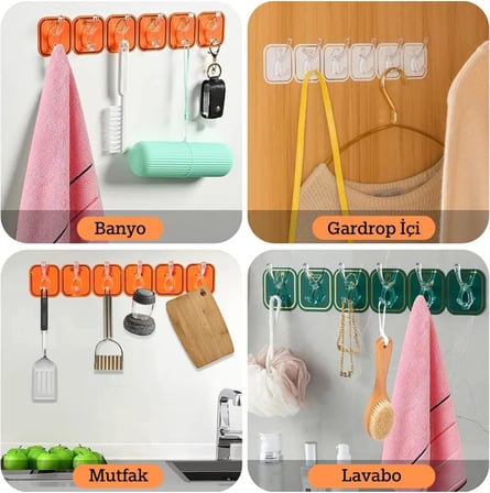 6 Kancalı Kendinden Yapışkanlı Askı Tek Parça Renkli Pratik Duvar, Banyo, Mutfak Askısı