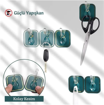 6 Kancalı Kendinden Yapışkanlı Askı Tek Parça Renkli Pratik Duvar, Banyo, Mutfak Askısı