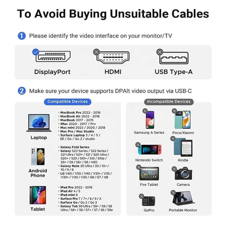 Type-C to DP Kablo, 8K 60Hz 200cm Yüksek Hızlı, Tip C to Displayport Kablo 2 Metre Uzunluğu USB C Displayport 200cm ZR858