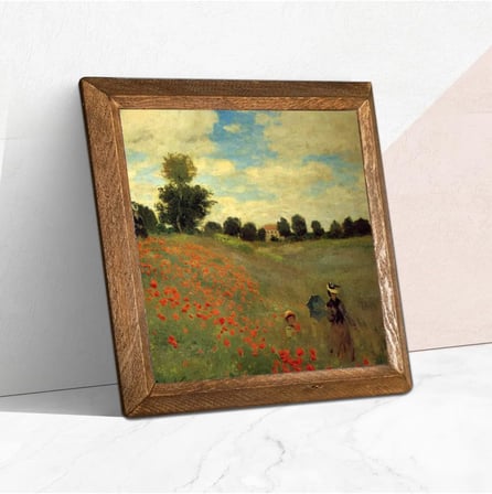 Claude Monet Gelincikler Taş Duvar Tablosu - Ahşap Çerçeveli Taş Tablo - 25x25 cm - Dekoratif Duvar Sanatı - Modern Ev ve Ofis Duvar Dekoru W1-247