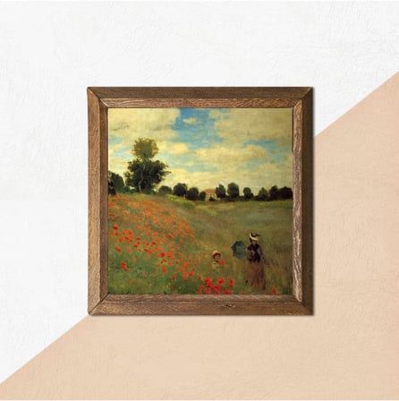 Claude Monet Gelincikler Taş Duvar Tablosu - Ahşap Çerçeveli Taş Tablo - 25x25 cm - Dekoratif Duvar Sanatı - Modern Ev ve Ofis Duvar Dekoru W1-247
