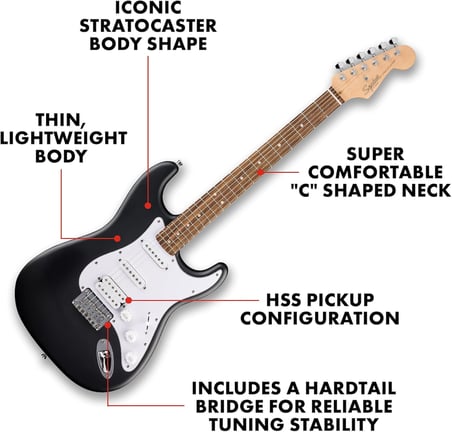 by Fender Debut Collection HT HSS Stratocaster elektro gitar, Laurel klavye, beyaz vuruş tahtası, siyah