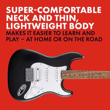 by Fender Debut Collection HT HSS Stratocaster elektro gitar, Laurel klavye, beyaz vuruş tahtası, siyah