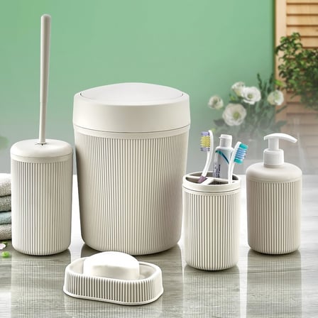 Banyo Seti, Çöp Kovası, Sıvı Sabunluk, Diş Fırçalık, Sabunluk ve Tuvalet Fırçası, 5 Parça (Beyaz)
