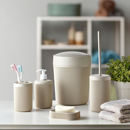 Banyo Seti, Çöp Kovası, Sıvı Sabunluk, Diş Fırçalık, Sabunluk ve Tuvalet Fırçası, 5 Parça (Krem)