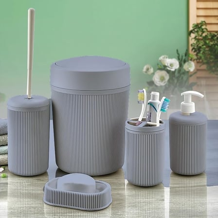 Banyo Seti, Çöp Kovası, Sıvı Sabunluk, Diş Fırçalık, Sabunluk ve Tuvalet Fırçası, 5 Parça (Krem)
