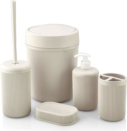 Banyo Seti, Çöp Kovası, Sıvı Sabunluk, Diş Fırçalık, Sabunluk ve Tuvalet Fırçası, 5 Parça (Krem)