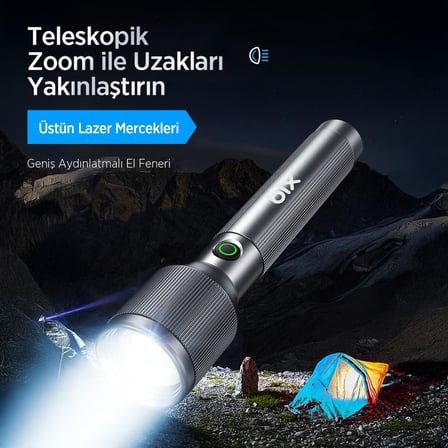 24W LED, Max. 1100 Lümen Parlaklık ve 950 Metreye Kadar Menzilli, Zoom Özellikli Şarj Edilebilir Kamp ve Acil Durumlar için Çok Modlu Kompakt El Feneri