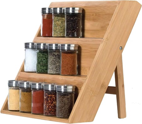 Home 3 Katlı Doğal Bambu Ayaklı Baharatlık Rafı Organizer – Tezgah Üstü ve Çekmece İçi Kullanıma Uygun, Katlanabilir, Kaymaz Ayaklı, Kompakt ve Şık Tasarımlı Mutfak Düzenleyici