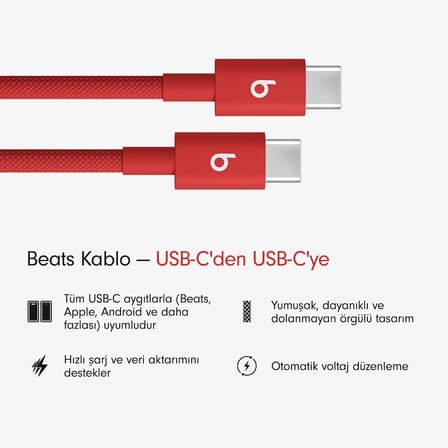USB-C'den USB-C'ye Örgülü Kablo, Hızlı Şarj, Dayanıklı/Dolanmayan, Apple ve Android Aygıtlar İçin Uyumlu Şarj Kablosu (1,5 m) – Ateş Kırmızısı
