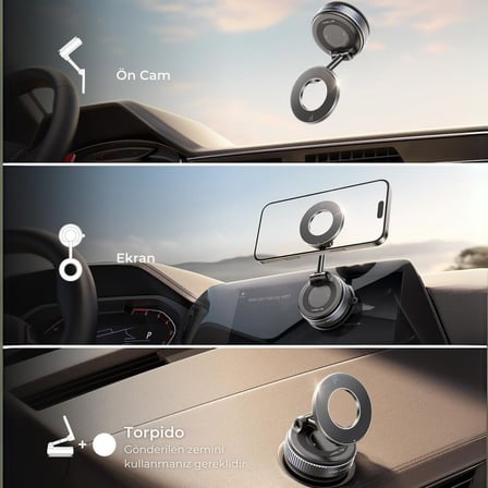Manyetik Araç Telefon Tutucu, 360° Dönebilen, Çoklu Montaj Seçenekli, Siyah