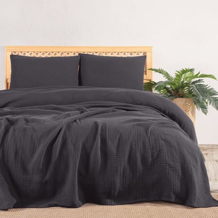 Çift Kişilik, Şık Düz Renk 100% Pamuk 4 Kat Muslin Yastık Kılıflı Pike Takımı, Denizli Üretimi (Antrasit, Çift Kişilik Set (230x250 cm))
