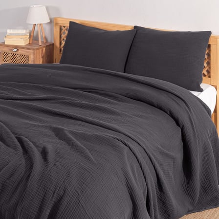 Çift Kişilik, Şık Düz Renk 100% Pamuk 4 Kat Muslin Yastık Kılıflı Pike Takımı, Denizli Üretimi (Antrasit, Çift Kişilik Set (230x250 cm))