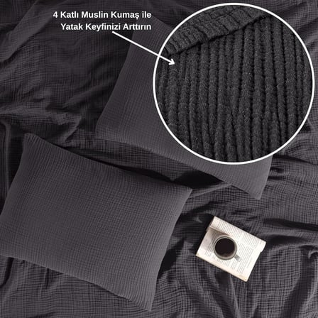 Çift Kişilik, Şık Düz Renk 100% Pamuk 4 Kat Muslin Yastık Kılıflı Pike Takımı, Denizli Üretimi (Antrasit, Çift Kişilik Set (230x250 cm))