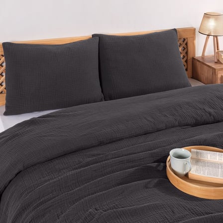 Çift Kişilik, Şık Düz Renk 100% Pamuk 4 Kat Muslin Yastık Kılıflı Pike Takımı, Denizli Üretimi (Antrasit, Çift Kişilik Set (230x250 cm))