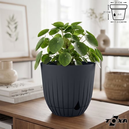 Saksı Plastik Delikli Tabaklı Çiçek Saksısı (1 Adet, Antrasit, 5 Litre)