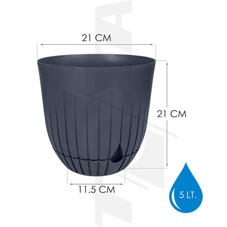 Saksı Plastik Delikli Tabaklı Çiçek Saksısı (1 Adet, Antrasit, 5 Litre)