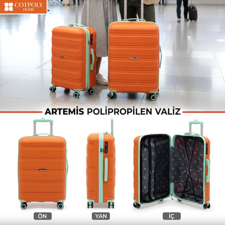 2'li Valiz Seti, Polipropilen Valiz, Artemis Darbeye Dayanıklı Bavul (Turuncu Orta ve Kabin)