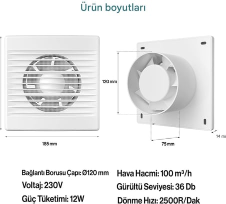 Wc Mutfak Büro Banyo Havalandırma 120 mm Aspiratör Fan Kirli Hava Kötü Koku Egzoz Fanı