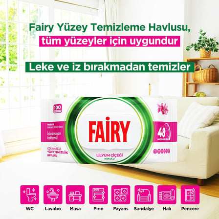 Cok Amacli Yuzey Temizlik Havlusu 100 Yaprak | Lilyum Cicegi | Beyaz Sirke & Karbonat | 48 Saat Temizlik Etkili | İ̇Z Birakmayan Formul