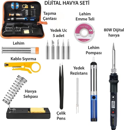Dijital Isı Ayarlı Havya Set Lehim Makinesi Seti 80W Taşıma Çantalı