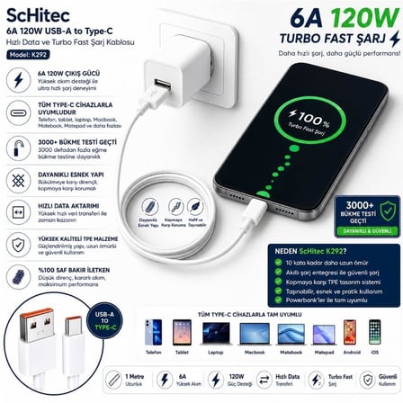 120W USB-A to Type-C Hızlı Data ve Turbo Fast Şarj Kablosu Beyaz K292