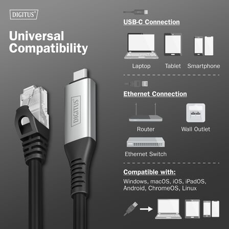 USB - Ethernet kablosu - Tip C - RJ45 - USB-C 3.2 Gen1-1 Gbit/s - 5 m - LSZH - CAT 6A S/FTP - AWG 26 - Tak ve Çalıştır - Siyah