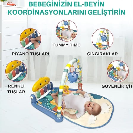 İçin Ördek Figürlü Bebek Oyun Halısı Sesli Müzikli Işıklı Piyanolu Yıkanabilir Matlı (Mavi)