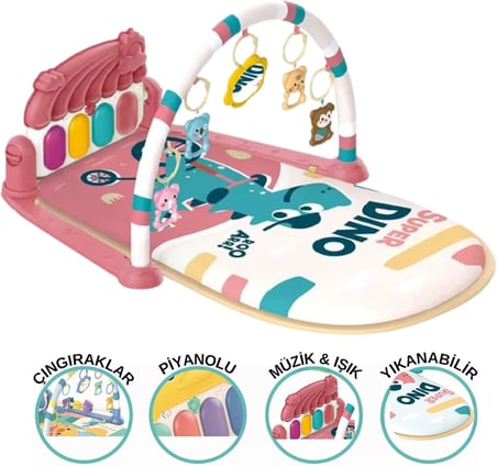 İçin Gökkuşağı Dinozor Figürlü Bebek Oyun Halısı Sesli Müzikli Işıklı Piyanolu Yıkanabilir Matlı (PEMBE)