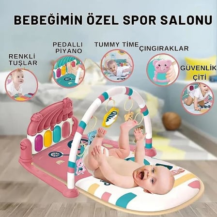 İçin Gökkuşağı Dinozor Figürlü Bebek Oyun Halısı Sesli Müzikli Işıklı Piyanolu Yıkanabilir Matlı (PEMBE)