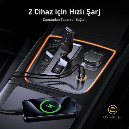 Superauto Araç İçi Şarjı, 2 Portlu PD 65W Type-C to Type-C, USB, Hızlı Şarj Çakmaklık Adaptörü, Siyah