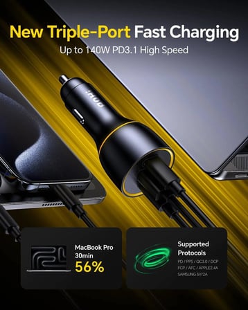 Superauto Araç İçi Şarjı, 3 Portlu PD 170W Type-C to Type-C, USB, Hızlı Şarj Çakmaklık Adaptörü, Siyah