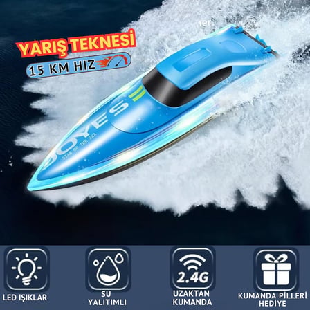 Uzaktan Kumandalı Full fFonksiyon 2.4 GHz 15 Km Hız Yapan Şarjlı Yarış Teknesi Led Işıklı Su Yalıtımlı Havuz Göl Gölet İçin Uygun 1200 MAh Batarya (MAVİ)