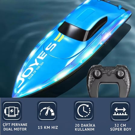 Uzaktan Kumandalı Full fFonksiyon 2.4 GHz 15 Km Hız Yapan Şarjlı Yarış Teknesi Led Işıklı Su Yalıtımlı Havuz Göl Gölet İçin Uygun 1200 MAh Batarya (MAVİ)