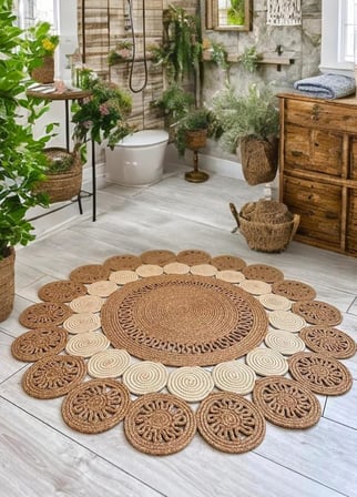 Jüt Kilim Moderin Görünümlü Salon Örtüsü Paspas Halı Banyo Mutfak Halısı Yatak Odası Veranda Balkon Teras Alanları İçin Çift taraflı Kilim Halı (HASIR-BEJ, 80 X 80 CM)