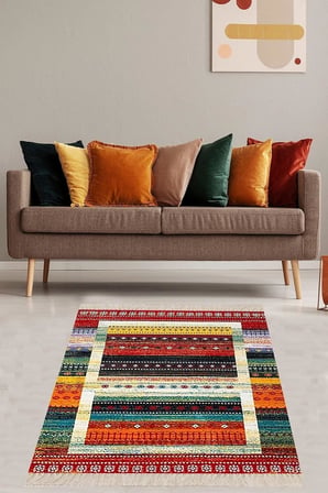 The Clouds Kilim Desenli Renk Geçişli Yıkanabilir Kaymaz Taban Leke Tutmaz Etnik Salon Halısı Ve Yolluk BFOETN1, 40 x 40